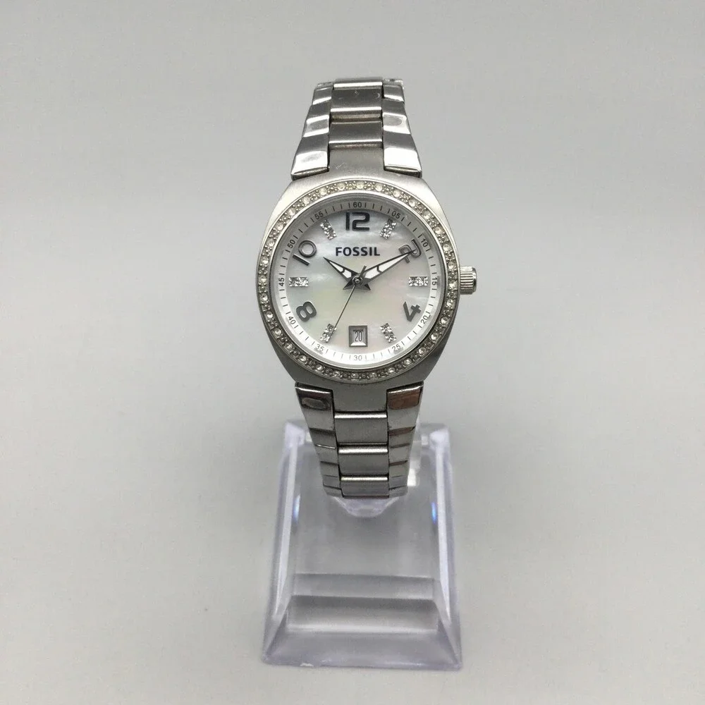 Fossil Womens Watch 28mm MOP Dial Crystals Date Stainless New Battery 6.5